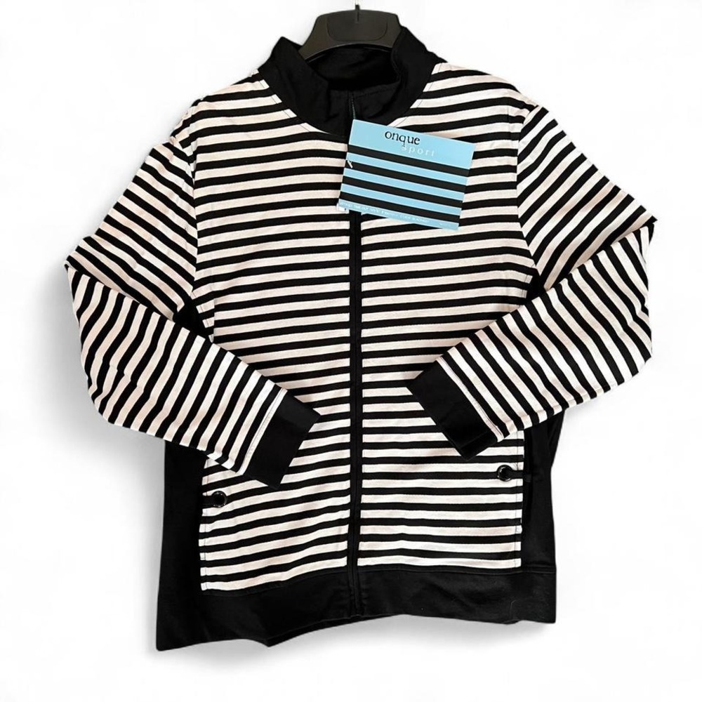 Vintage Onque sport Black white striped full zip up jacket womens size L ORG $44